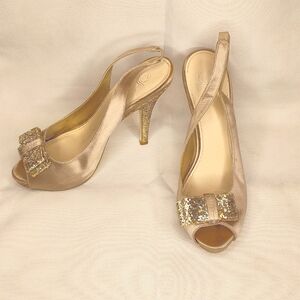 Sparkle glitter gold diamond bow slingback platform high heel pumps shoes 7.5